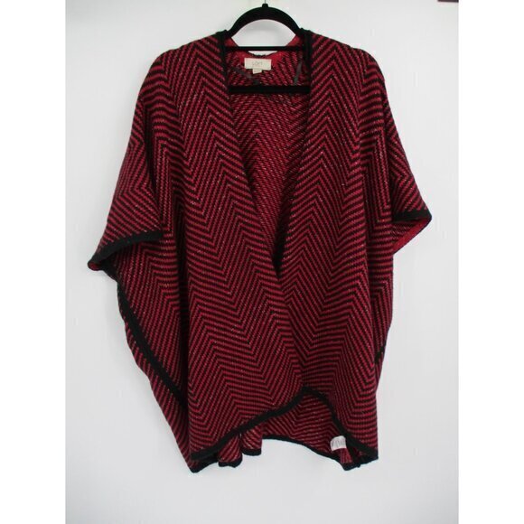LOFT Sweaters - Ann Taylor Loft Poncho Sweater Womens OS Red Black Knit Short Sleeves Casual